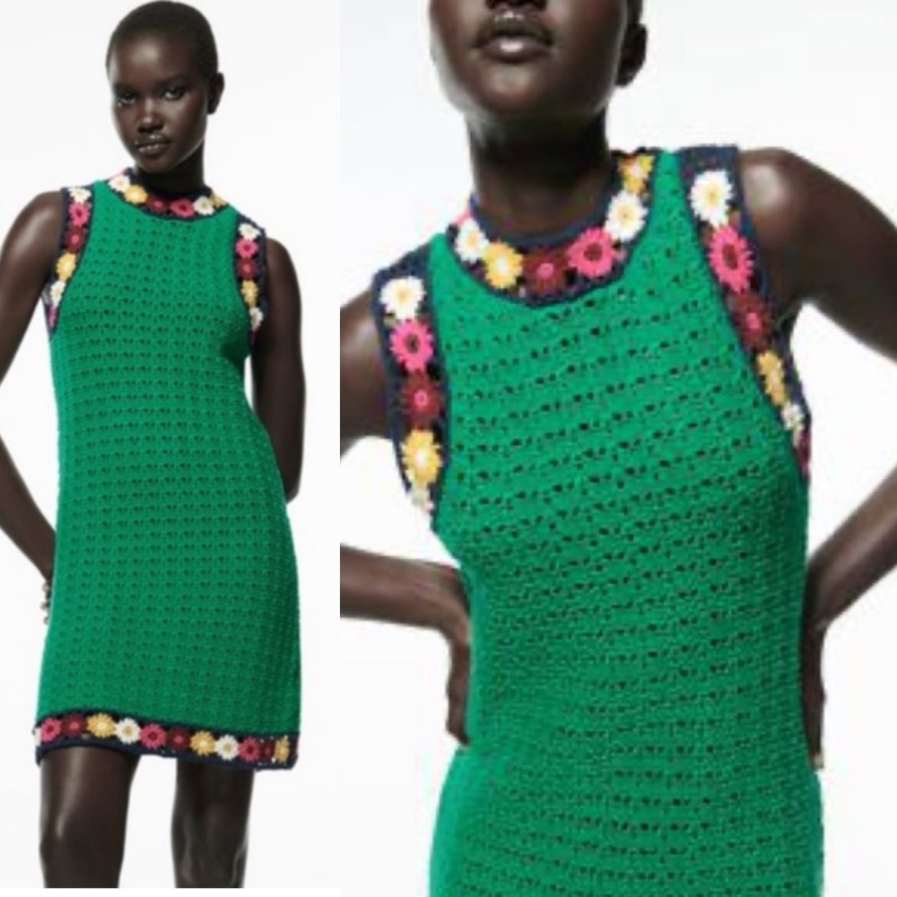 💚 ZARA GREEN MULTI FLORAL CROCHET MINI DRESS!